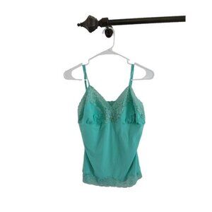 90s Y2K Feminine PINK Womens L Green  Lace Trim Camisole Tank Top Lingerie